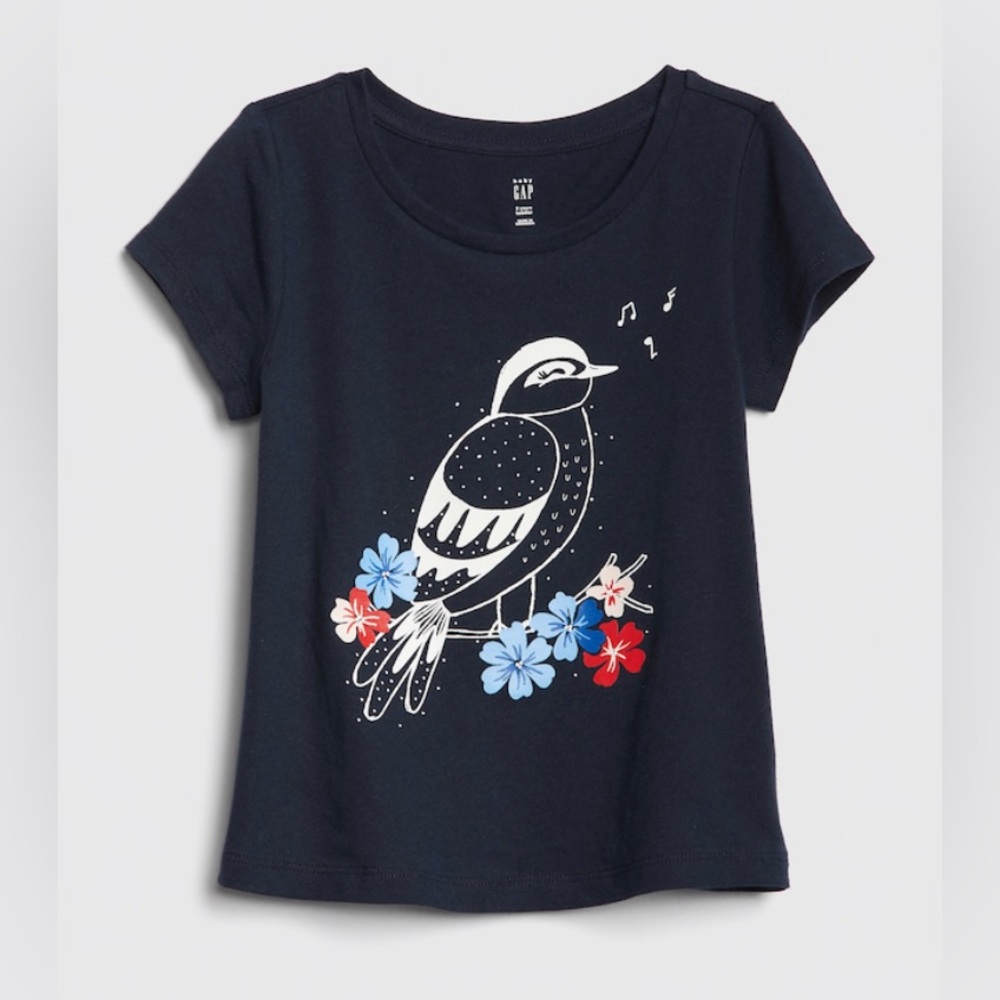 New Gap Girls 3 Graphic Top T-shirt Navy Blue Bird Cotton